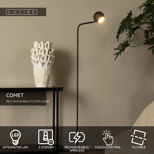 Lucide COMET - Rechargeable Floor lamp - Battery pack- LED 3 StepDim - 1x3W 2700K - Black - USP
